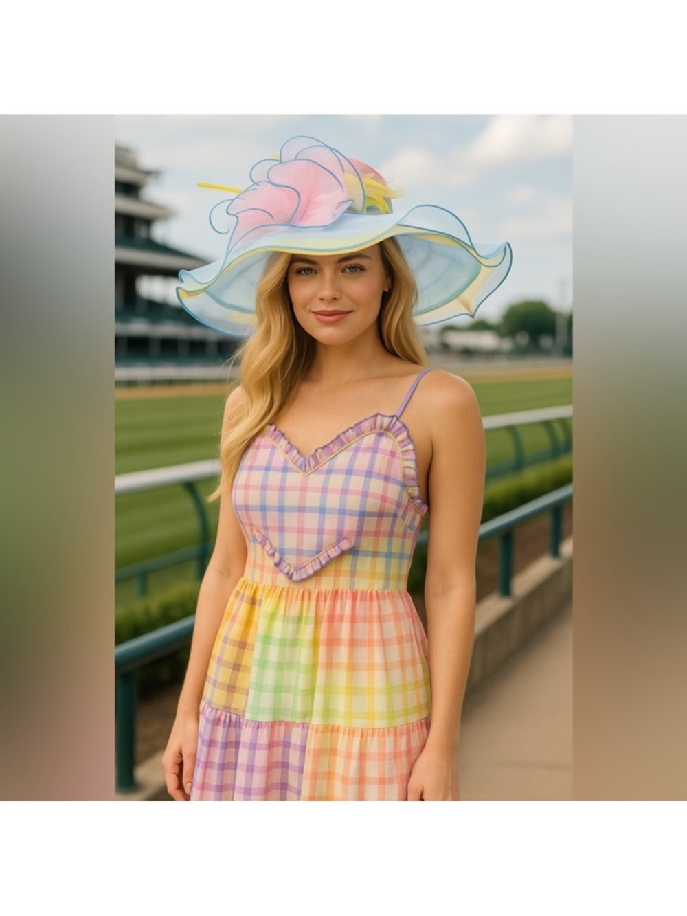 Kentucky Derby Hat Pastel Rainbow Organza Feathers Wide Brim Easter Church Hat